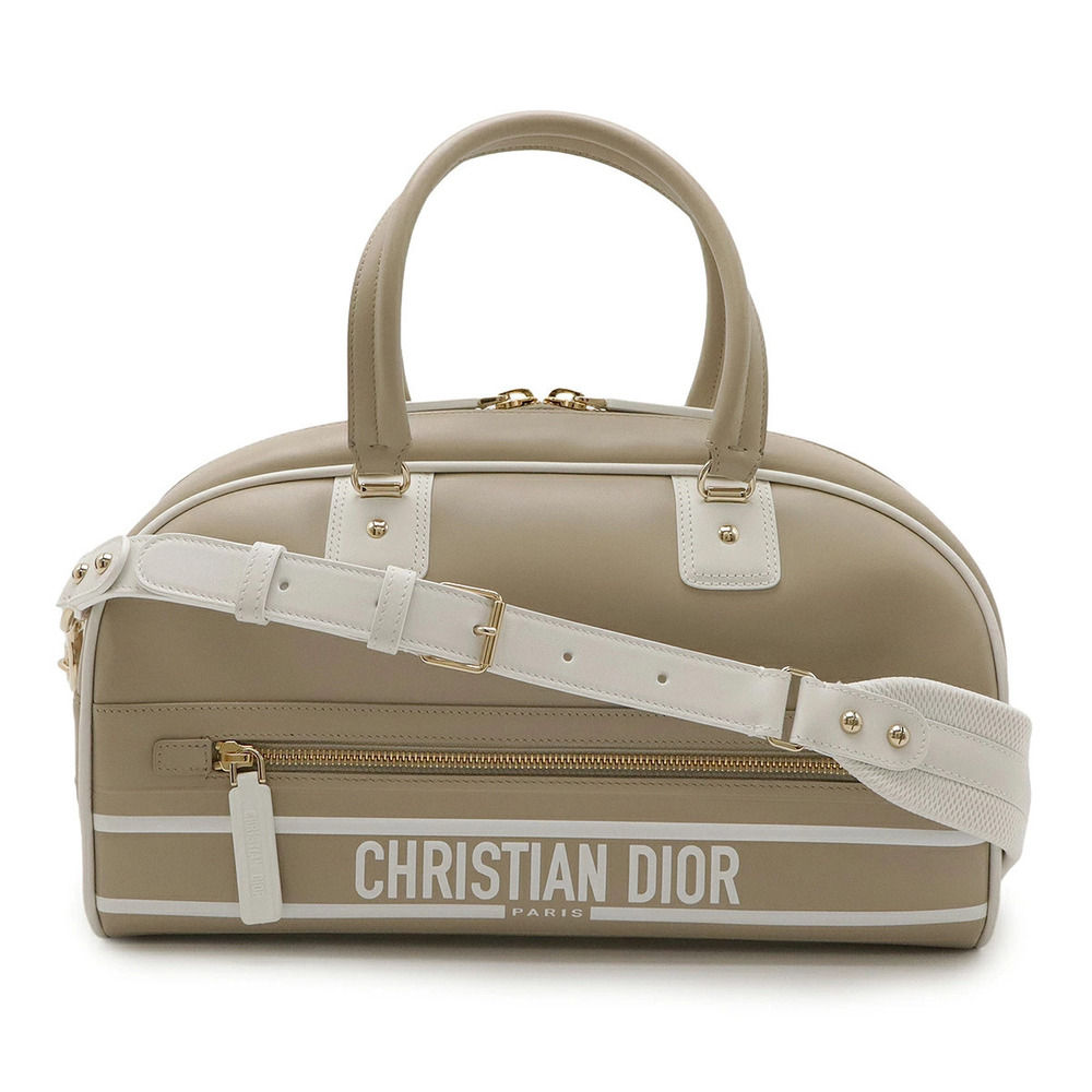Christian Dior Macro Cannage Vibe Bowling Bag Shoulder Leather Beige Cream